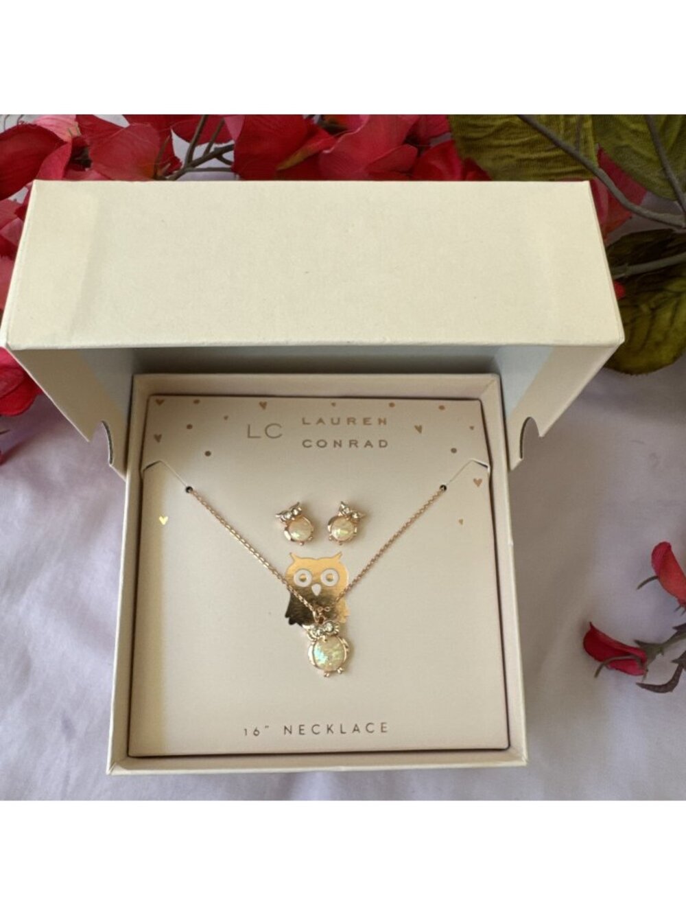 LC Lauren Conrad Gift Set OWL 16" Necklace & Stud Earrings CZ Goldtone NEW